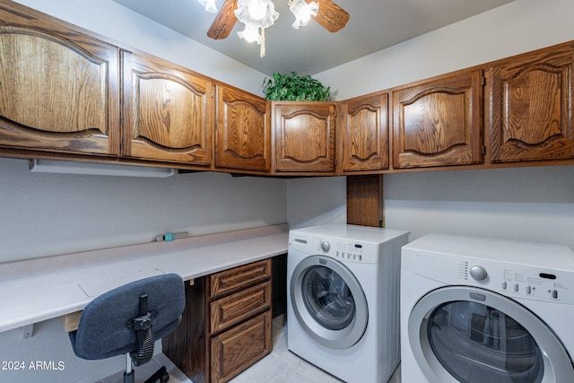 clothes washing area featuring washer and clothes dryer, light tile patterned flooring, ceiling fan, and cabinets