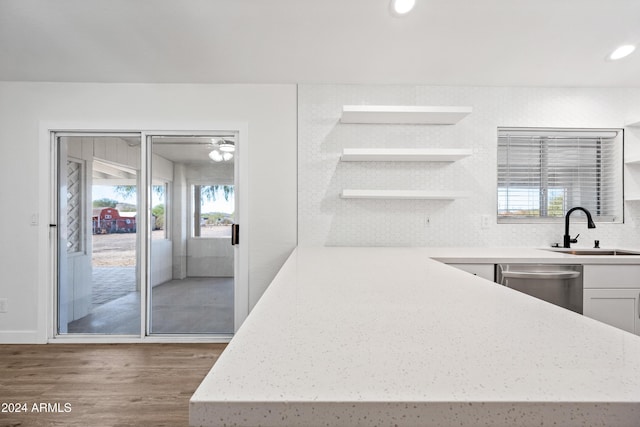 kitchen with a healthy amount of sunlight, sink, stainless steel dishwasher, and hardwood / wood-style flooring