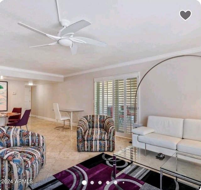 living room featuring crown molding, light tile patterned flooring, and ceiling fan