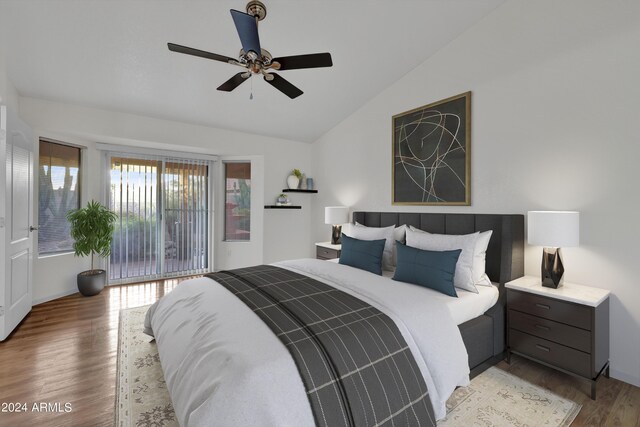 unfurnished bedroom with ceiling fan, vaulted ceiling, ensuite bathroom, and light hardwood / wood-style flooring