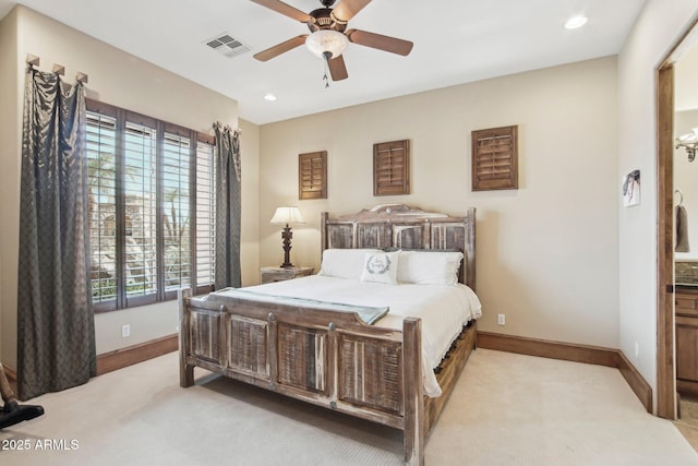 bedroom featuring baseboards, visible vents, a ceiling fan, carpet floors, and recessed lighting