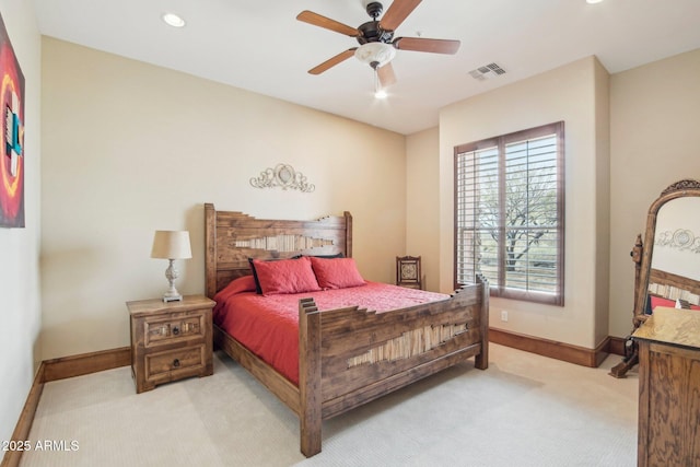 bedroom featuring baseboards, recessed lighting, visible vents, and light colored carpet