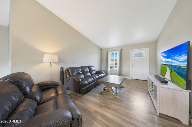 living room featuring lofted ceiling and dark hardwood / wood-style flooring