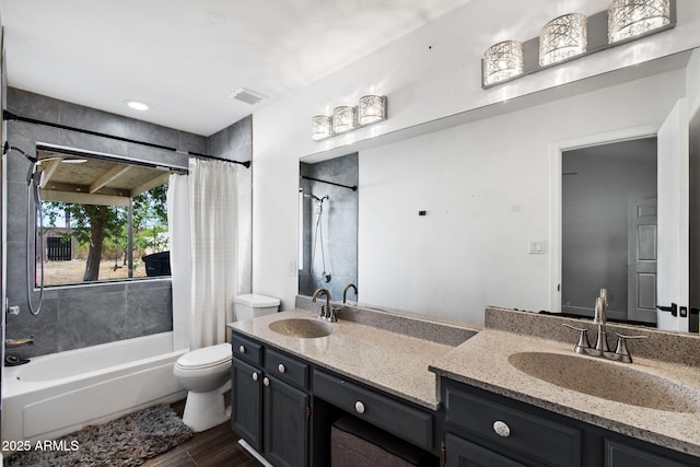 5841 W Kesler St, Chandler, AZ 85226 - full bathroom featuring toilet, double vanity, shower / bathtub combination with curtain, and wood finished floors