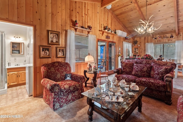 carpeted living room featuring wooden ceiling, beam ceiling, wooden walls, and a notable chandelier