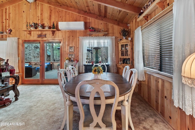 dining area featuring vaulted ceiling with beams, wooden walls, wooden ceiling, a wall mounted air conditioner, and carpet