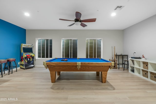 recreation room with recessed lighting, pool table, ceiling fan, wood finished floors, and baseboards