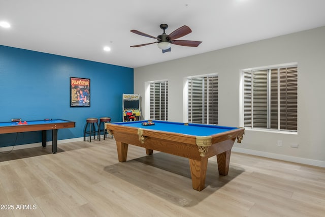 recreation room featuring light wood-type flooring, pool table, and baseboards