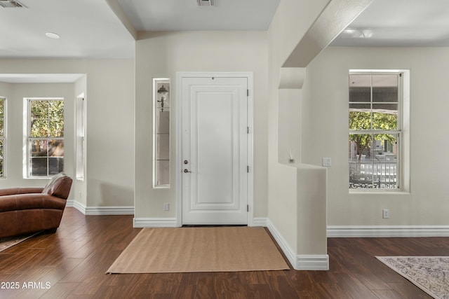 foyer entrance featuring plenty of natural light, baseboards, and dark wood finished floors