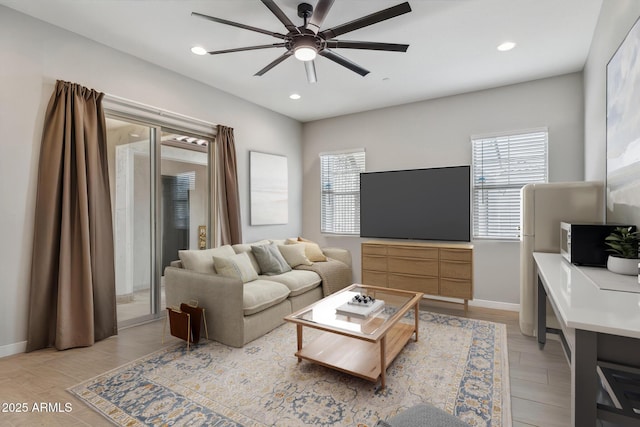 31490 N 126th Ln, Peoria, AZ 85383 - living room featuring baseboards, a ceiling fan, plenty of natural light, and recessed lighting
