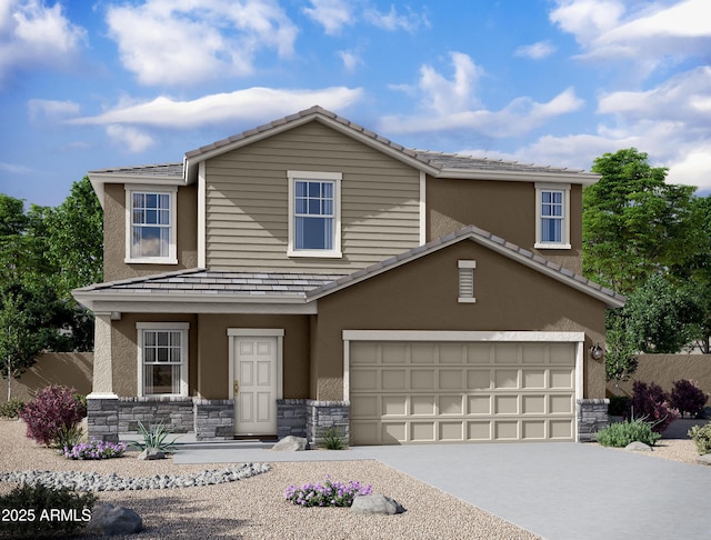 view of front of house featuring a garage, stone siding, concrete driveway, and stucco siding