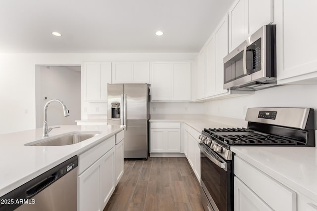 kitchen with wood finished floors, white cabinets, a sink, and appliances with stainless steel finishes