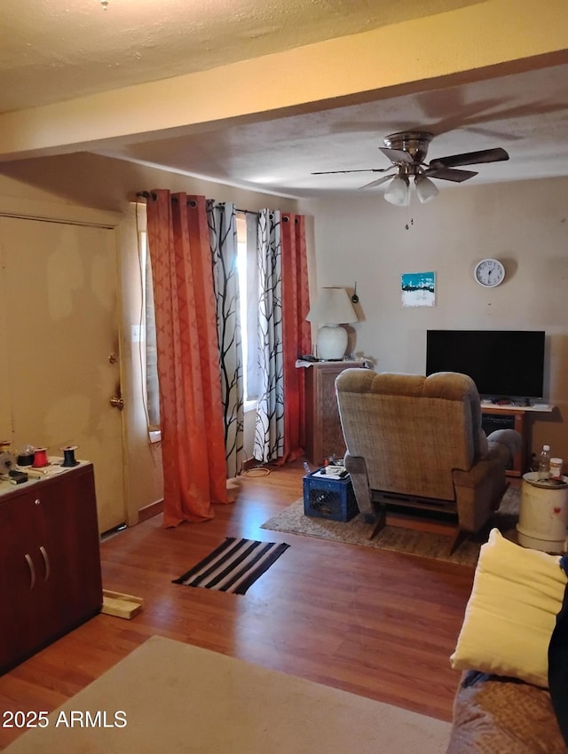 102 N Verdugo Pl, Mammoth, AZ 85618 - living room featuring wood finished floors, beamed ceiling, and ceiling fan