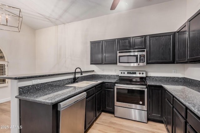 kitchen featuring appliances with stainless steel finishes, a sink, dark cabinetry, light wood-style flooring, and a peninsula