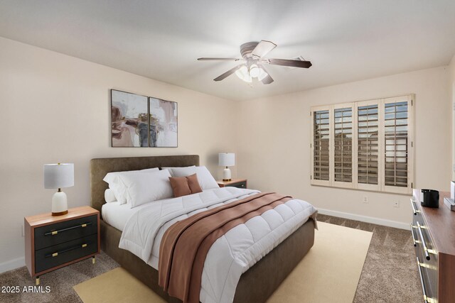 bedroom with dark carpet, baseboards, and ceiling fan