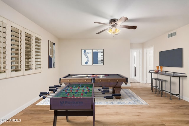 game room featuring ceiling fan, wood finished floors, baseboards, and billiards