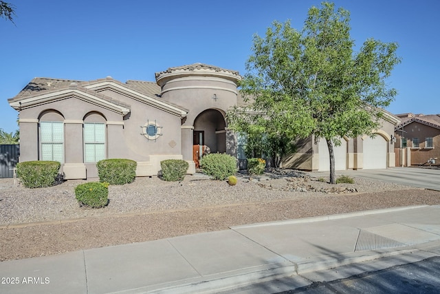 22709 S 202nd St, Queen Creek, AZ 85142 - mediterranean / spanish house featuring driveway, stucco siding, an attached garage, and a tiled roof