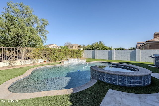22709 S 202nd St, Queen Creek, AZ 85142 - view of pool with a fenced backyard, area for grilling, and a pool with connected hot tub