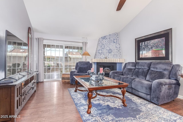 living room featuring wood-type flooring and lofted ceiling