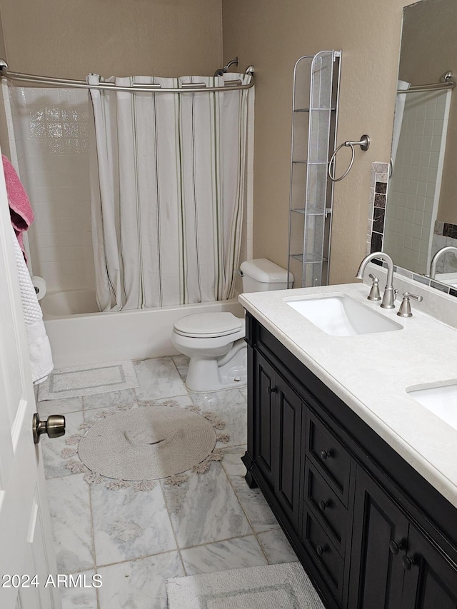 full bathroom with vanity, shower / bath combination with curtain, and toilet