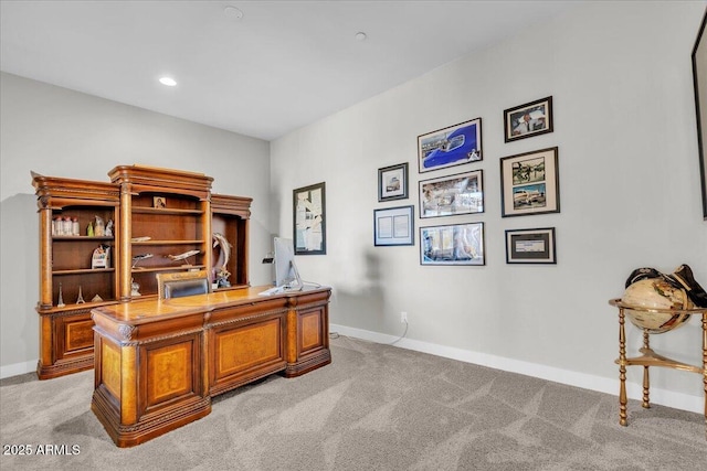 home office featuring recessed lighting, baseboards, and light carpet