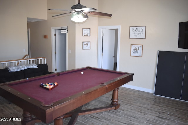 playroom featuring baseboards, billiards, a ceiling fan, and wood tiled floor