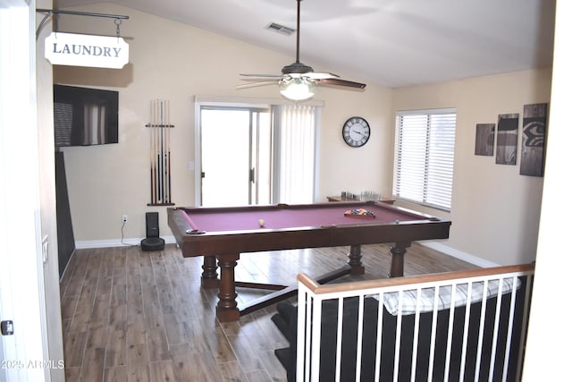 recreation room with visible vents, wood finished floors, pool table, and vaulted ceiling