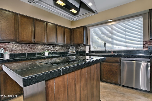 kitchen with dark brown cabinetry, a kitchen island, and stainless steel dishwasher