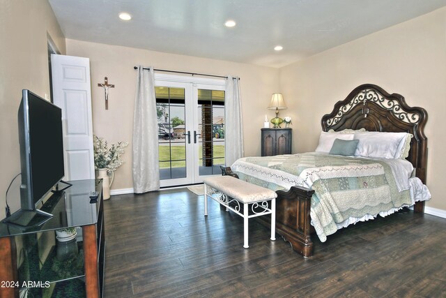 bedroom featuring dark wood-type flooring, access to outside, and french doors