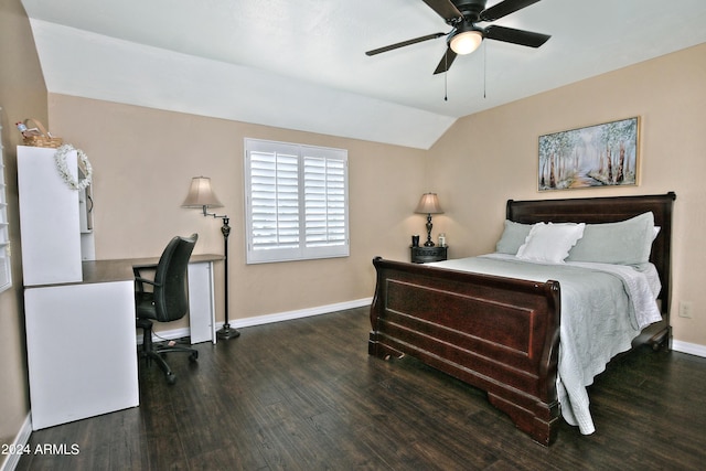 bedroom featuring dark hardwood / wood-style flooring, ceiling fan, and lofted ceiling