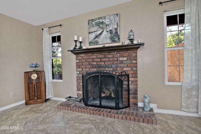 living room featuring a fireplace