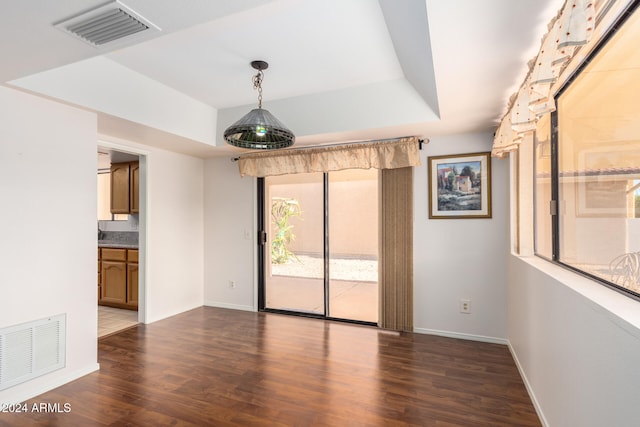 empty room featuring a raised ceiling and dark hardwood / wood-style floors