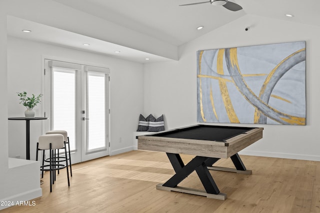 recreation room with pool table, light wood-type flooring, and lofted ceiling