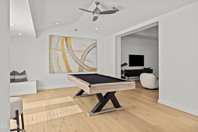 game room featuring ceiling fan, hardwood / wood-style floors, vaulted ceiling, and billiards