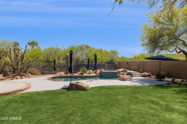 view of swimming pool featuring a fenced backyard, a fenced in pool, a patio area, an in ground hot tub, and a yard