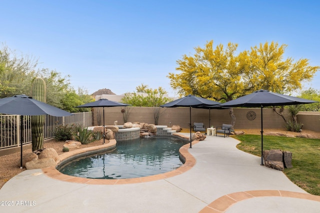 view of swimming pool featuring a fenced in pool, a fenced backyard, and a patio area