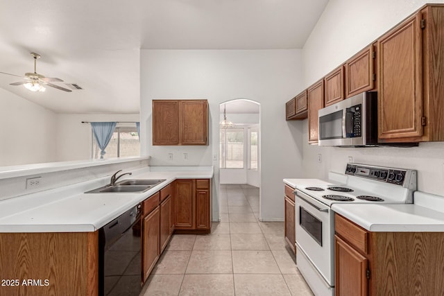 510 W Amoroso Dr, Gilbert, AZ 85233 - kitchen featuring white electric range oven, stainless steel microwave, black dishwasher, a sink, and ceiling fan