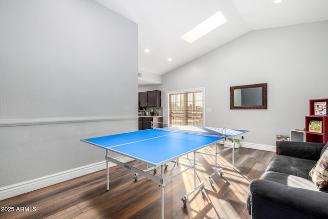 9169 W Ludlow Dr W, Peoria, AZ 85381 - rec room featuring recessed lighting, high vaulted ceiling, baseboards, a skylight, and wood finished floors