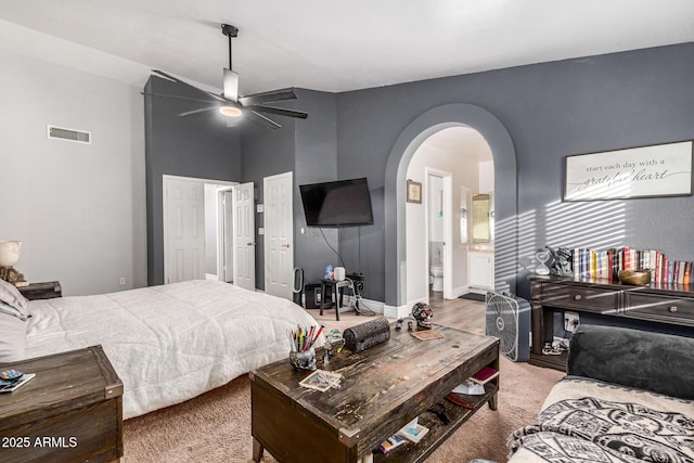 9169 W Ludlow Dr W, Peoria, AZ 85381 - bedroom with baseboards, visible vents, arched walkways, and ceiling fan