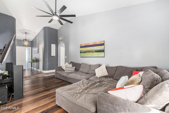 9169 W Ludlow Dr W, Peoria, AZ 85381 - living room with high vaulted ceiling, baseboards, arched walkways, ceiling fan, and wood finished floors