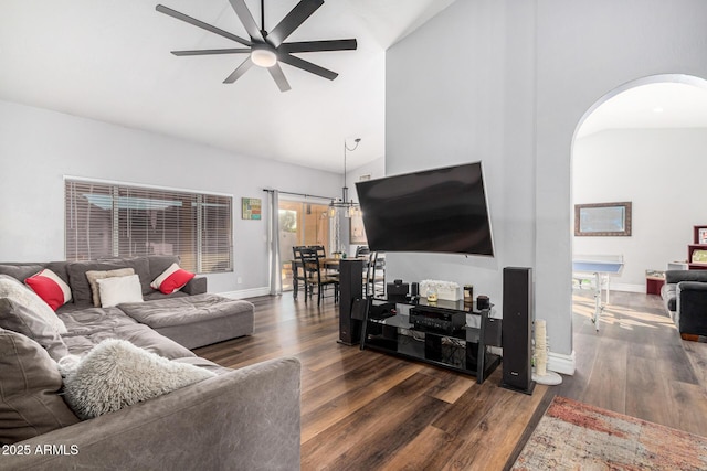 9169 W Ludlow Dr W, Peoria, AZ 85381 - living area featuring high vaulted ceiling, baseboards, arched walkways, ceiling fan, and dark wood-style flooring