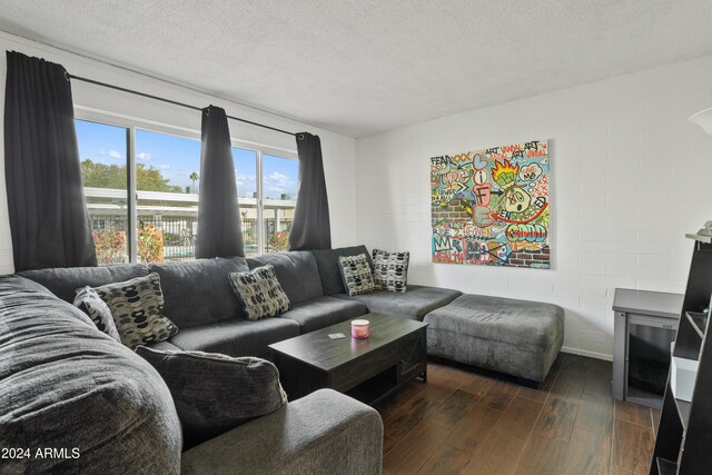 living room with dark hardwood / wood-style flooring and a textured ceiling