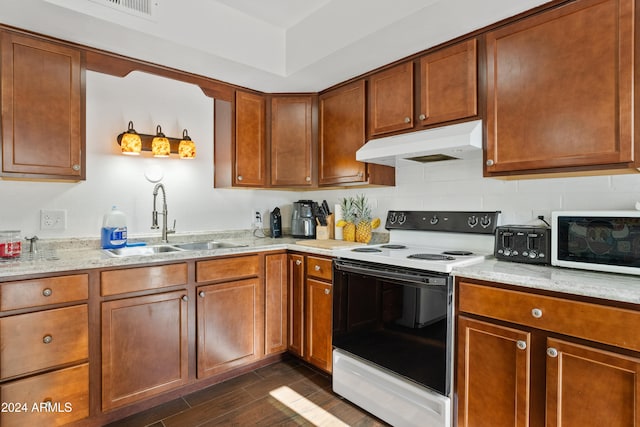 kitchen with backsplash, dark wood-type flooring, sink, white electric stove, and light stone counters