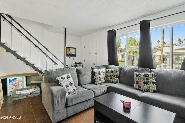 living room with a textured ceiling and dark hardwood / wood-style flooring