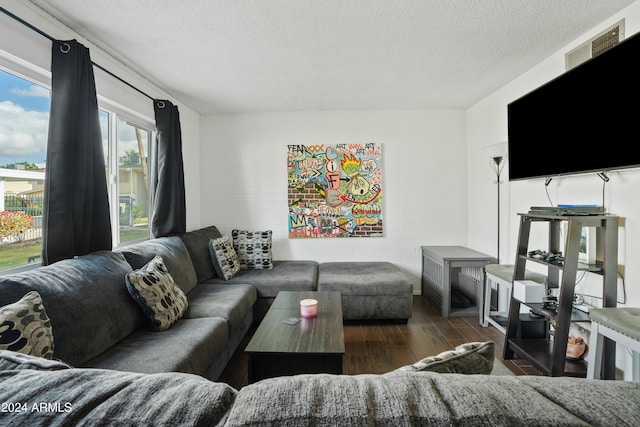 living room with dark hardwood / wood-style flooring and a textured ceiling