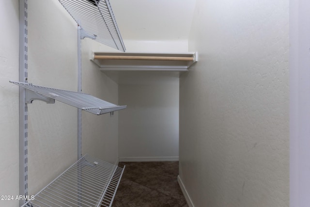 walk in closet with dark colored carpet