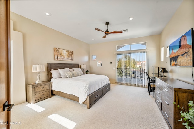 carpeted bedroom with visible vents, recessed lighting, a ceiling fan, and access to exterior