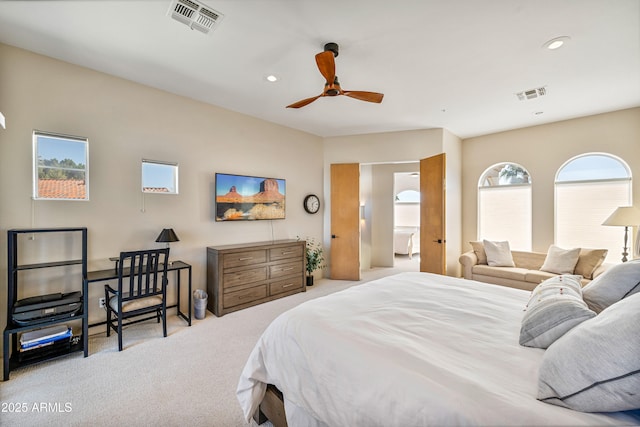 bedroom with recessed lighting, visible vents, and carpet flooring