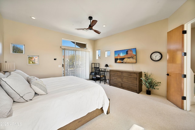 bedroom featuring carpet floors, access to exterior, recessed lighting, and a ceiling fan