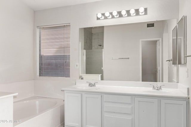 bathroom with vanity and plus walk in shower